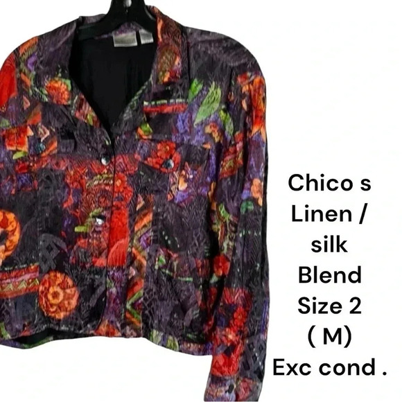 Chico s blazer , women size 2 . Linen ,silk , multi colored abstract,boxy,button - Picture 1 of 16